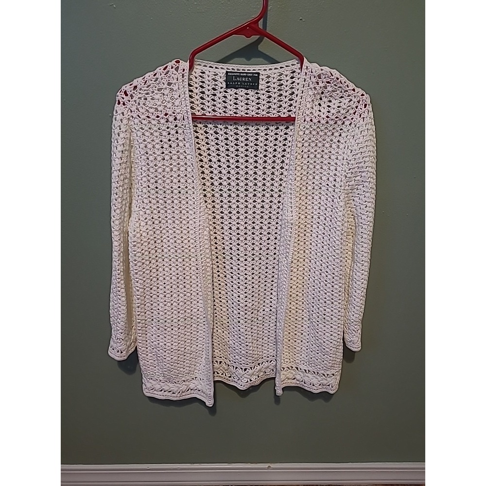 VINTAGE 90s Hand Knit Crochet Embroidered Cotton‎ Lauren by RALPH Lauren  Petite